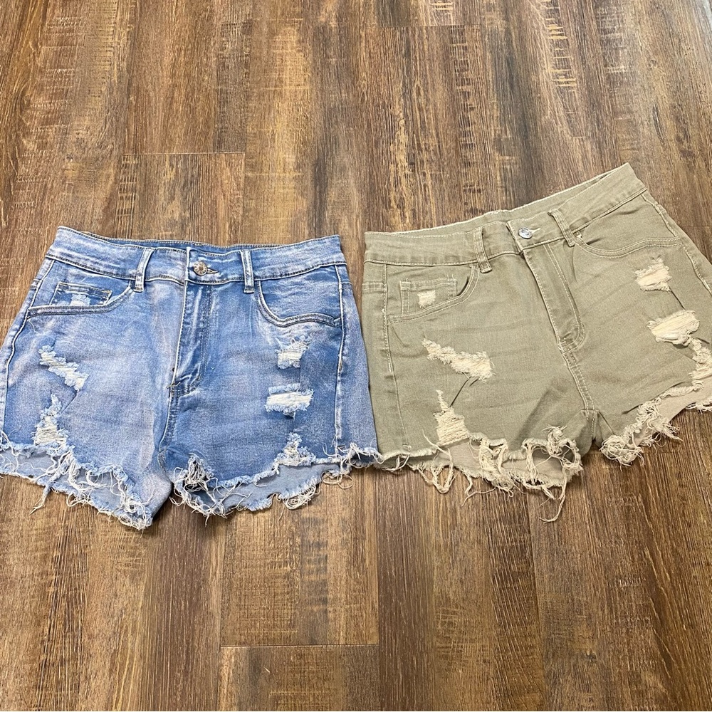 SHEIN Blue and Green Jean Shorts Distressed Cut-Off Style Size Medium